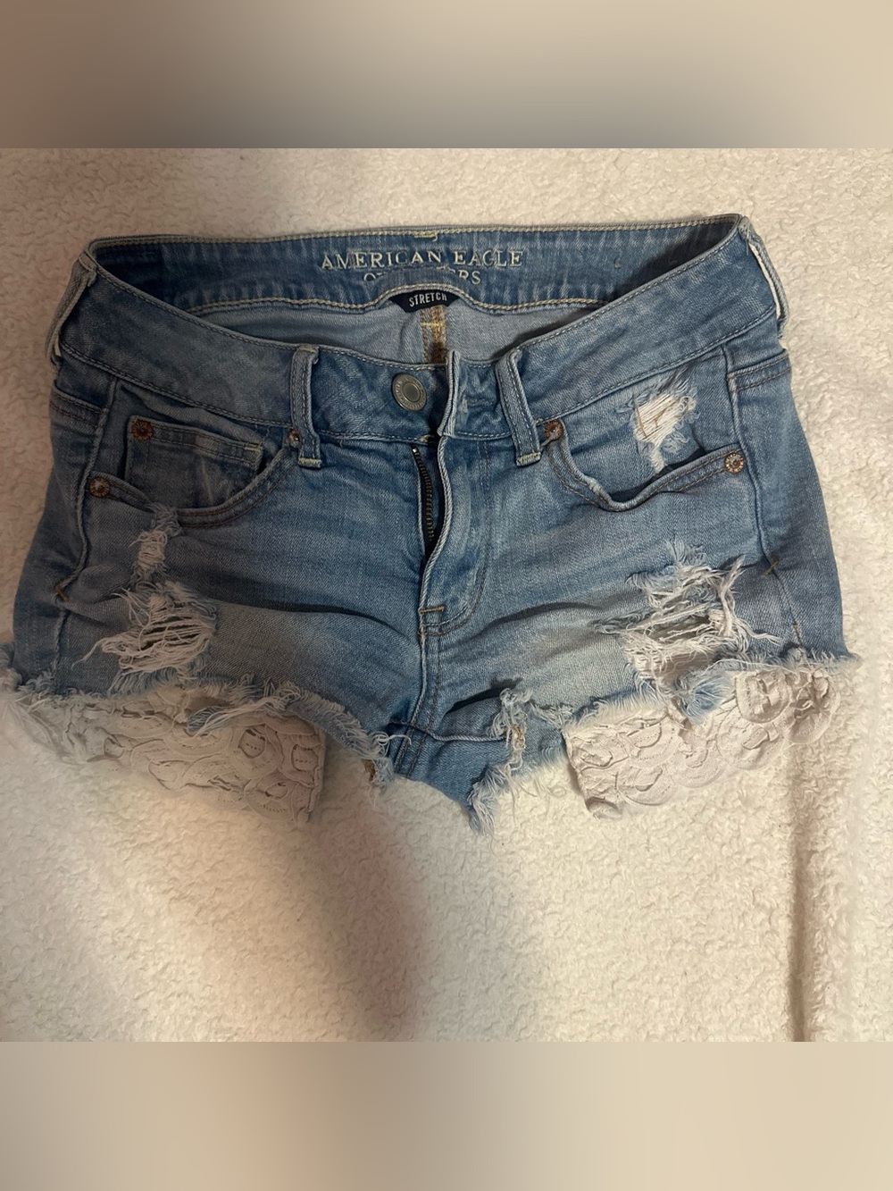 American Eagle Outfitters vintage Light Blue Distressed Denim Shorts, lace trim